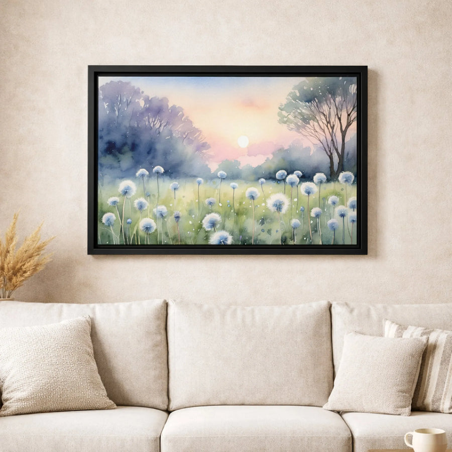 Dandelion Field Canvas Wall Art | Watercolor Sunset Meadow Landscape | Premium Fade-Resistant Print | Elegant Nature Home Decor Gift