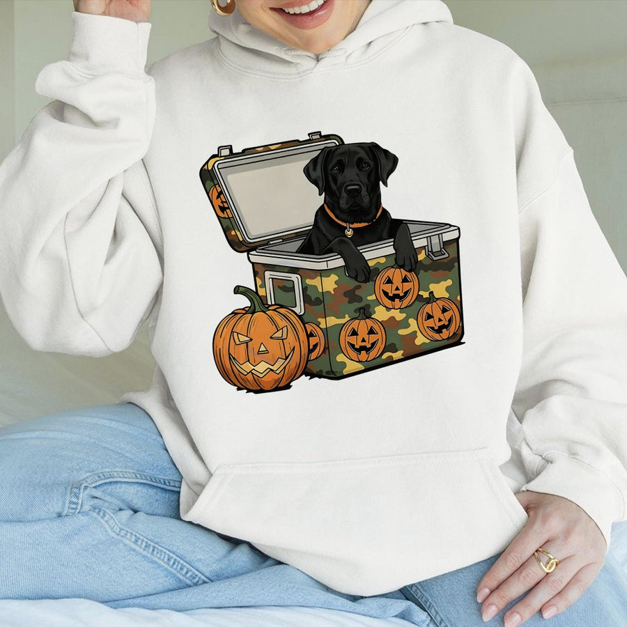 Black Lab Hoodie | Camo Cooler Halloween Dog Graphic | Premium Cotton Blend | Fall Hunting Gift for Dog Lovers