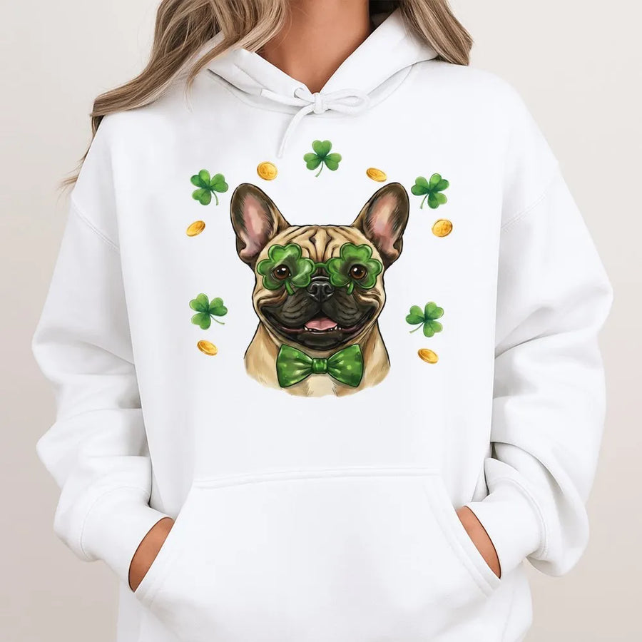 French Bulldog St. Patrick's Day Hoodie | Lucky Shamrock Glasses Graphic | Premium Cotton Blend | Funny Dog Mom Gift for Holiday Party