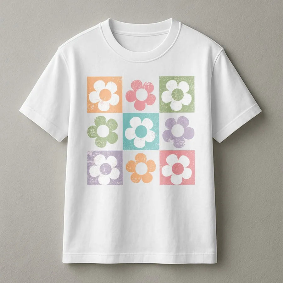 Retro Floral Grid T-Shirt | Vintage 70s Boho Flower Graphic | Soft 100% Cotton Tee | Aesthetic Summer Gift for Her