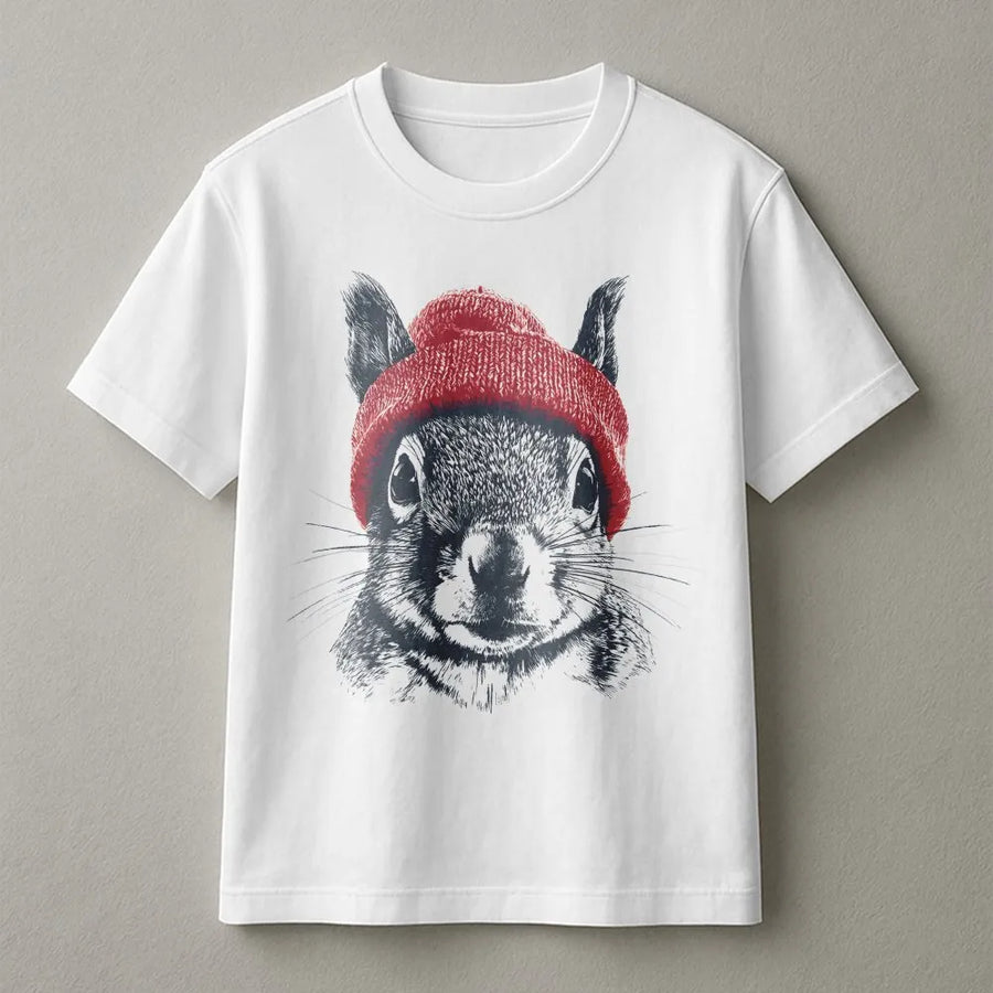 Squirrel T-Shirt | Retro Wildlife Art with Red Beanie | Cozy Cotton Blend Pullover | Gift for Animal Lover