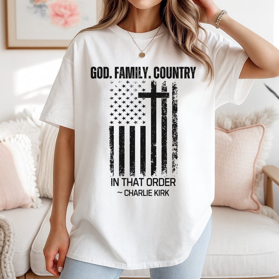 God Family Country T-Shirt | Patriotic American Flag & Cross Design | Premium 100% Cotton | Conservative Christian Gift for Men and Women