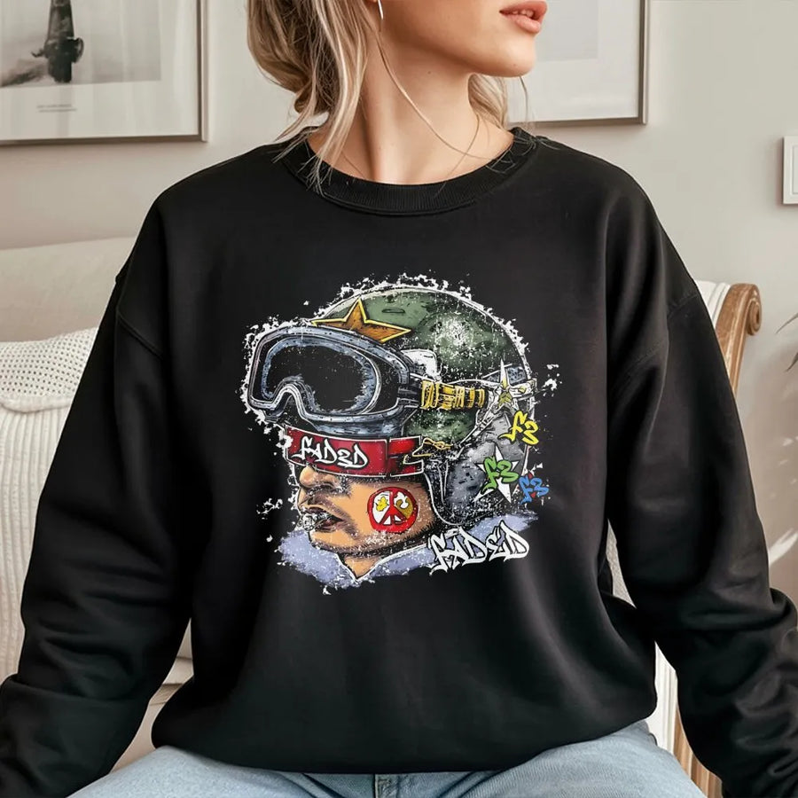 Graphic Streetwear Sweatshirt | Army Goggles Helmet Graffiti Print | Unisex Premium Cotton Blend | Y2K Aesthetic Urban Gift for Him