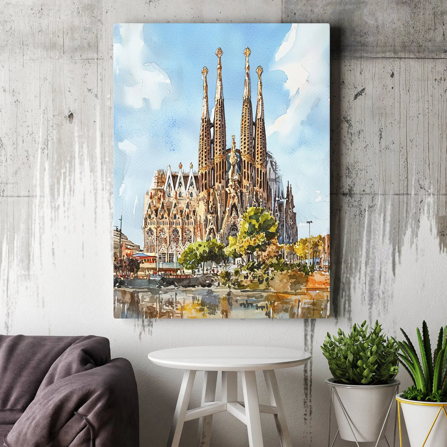 Sagrada Familia Canvas Wall Art | Barcelona Cathedral Watercolor Print | Gallery Quality 1.25" Profile | Travel Home Decor Gift for Travelers