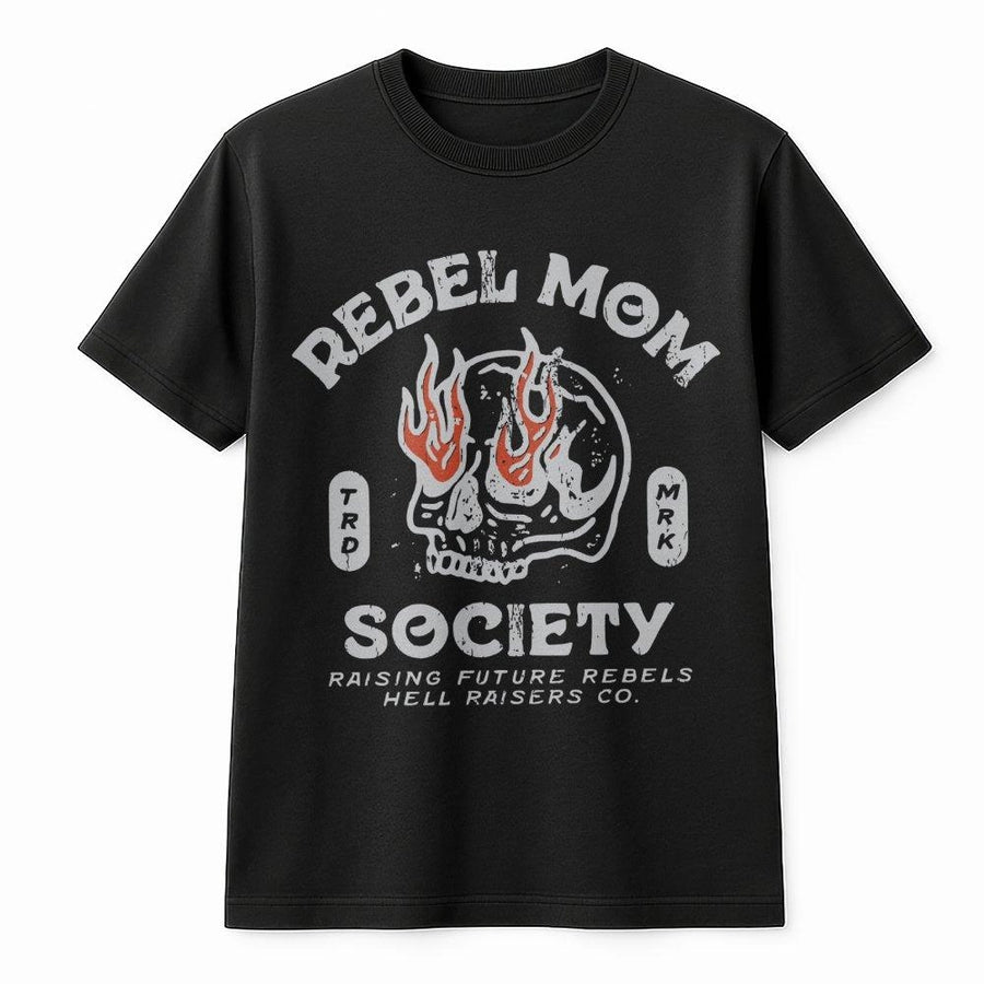 Rebel Mom Society T-Shirt | Retro Grunge Flaming Skull Design | Premium Soft Cotton Tee | Edgy Mama Gift for Mother's Day 2026 & Birthday