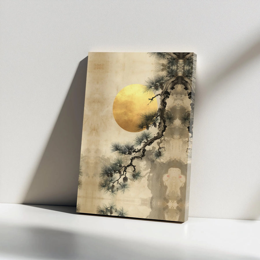 Japanese Pine Tree Canvas Wall Art | Golden Moon Sumi-e Painting | Premium Thick Gallery Wrap | Minimalist Zen Home Decor Gift