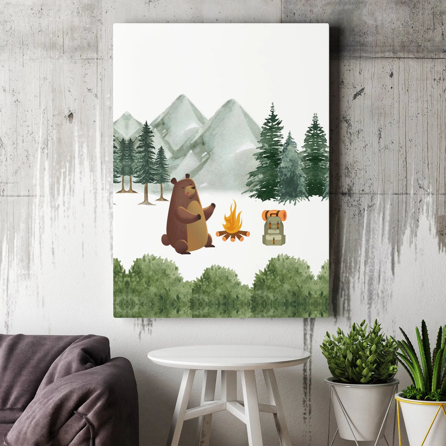 Camping Bear Canvas Wall Art | Watercolor Forest & Mountain Scene | Premium Gallery Wrapped Print | Gift for Kids Room & Nursery Decor