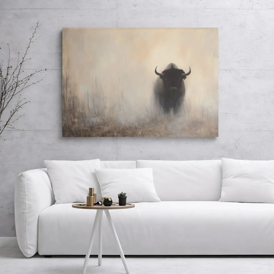 American Bison Canvas Wall Art | Misty Wildlife Buffalo Portrait | 1.25 Inch Gallery Wrap | Premium Neutral Farmhouse Decor for Living Room