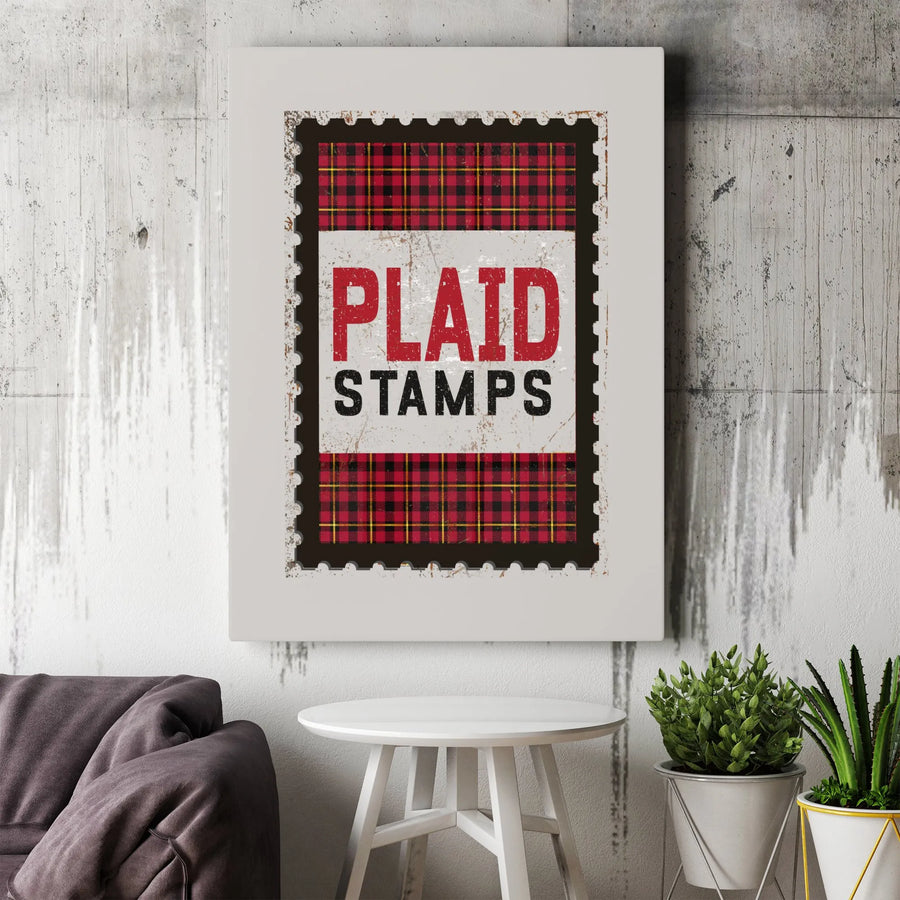 Red Plaid Postage Stamp Wall Art | Vintage Distressed Tartan Print | Gallery Quality 1.25" Canvas | Rustic Home Office Decor Gift