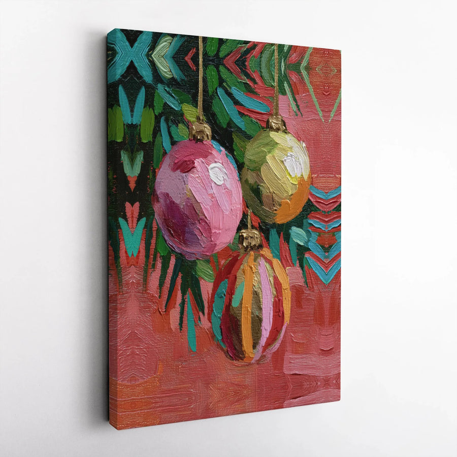 Christmas Ornament Wall Art | Vibrant Impressionist Holiday Painting | Gallery Wrapped Canvas | Festive Living Room Decor Gift