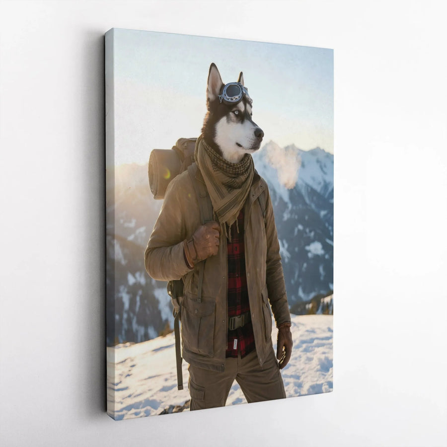 Husky Adventurer Canvas Wall Art | Anthropomorphic Mountain Explorer Portrait | Premium Gallery Wrapped Canvas | Unique Home Decor Gift for Dog Lovers