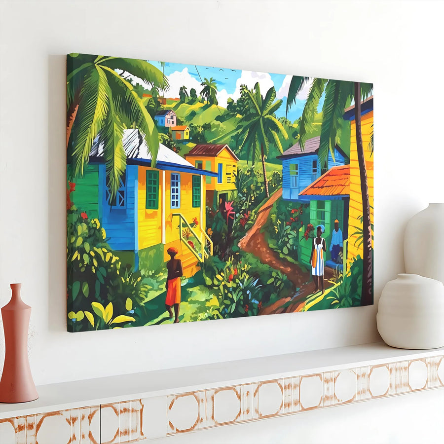 Caribbean Village Canvas Wall Art | Tropical Island Landscape Print | 1.25 Inch Gallery Wrap Premium Canvas | Vibrant Home Decor for Tropical Lovers