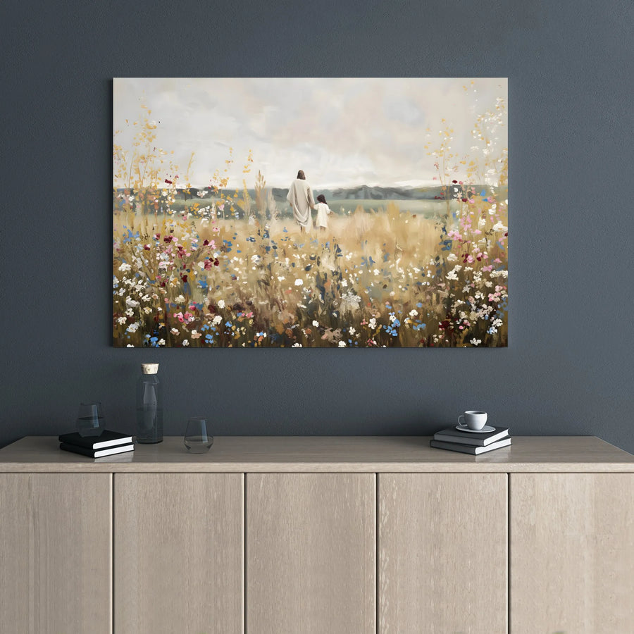 Jesus Walking With Child Canvas Print | Watercolor Wildflower Meadow Art | Gallery-Wrapped Premium Decor | Religious Christian Gift for Home