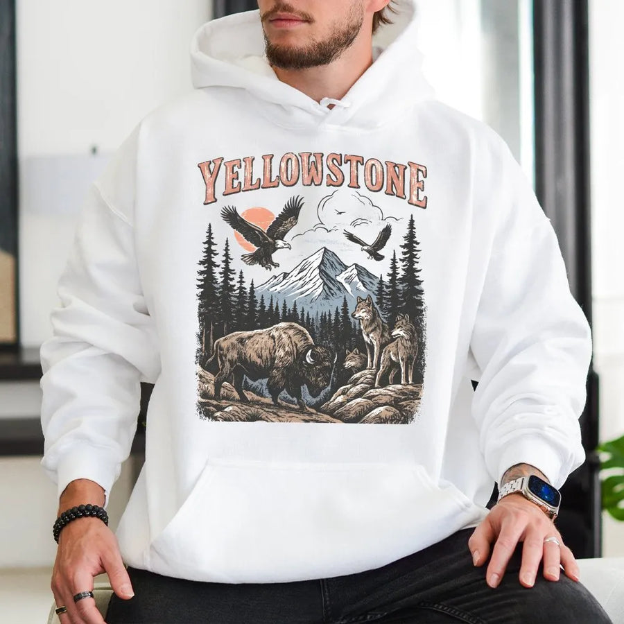 Vintage Yellowstone Hoodie | Retro 90s Wildlife Graphic with Bison & Wolves | Soft Cotton Blend Pullover | National Park Souvenir Gift