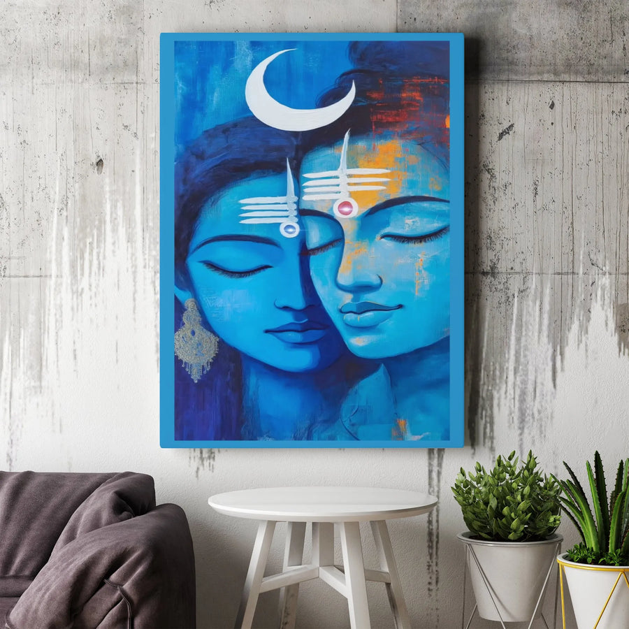 Ardhanarishvara Canvas Art | Shiva Parvati Spiritual Blue Wall Decor | Premium Stretched Gallery Wrap | Hindu Meditation Home Gift