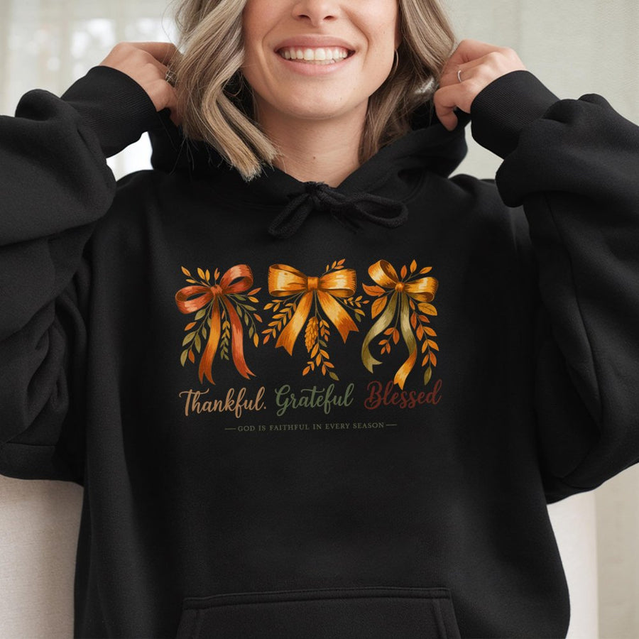 Thankful Grateful Blessed Hoodie | Fall Coquette Bow Christian Sweatshirt | Premium Cotton Blend | Faith-Based Thanksgiving Gift for Women