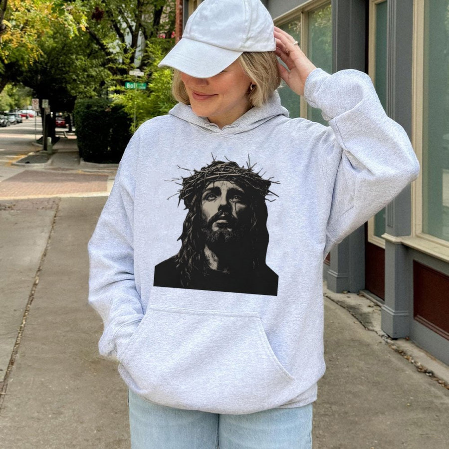 Jesus Hoodie | Crown of Thorns Graphic | Premium Cotton-Blend Apparel | Faith-Based Christian Gift for Him or Her