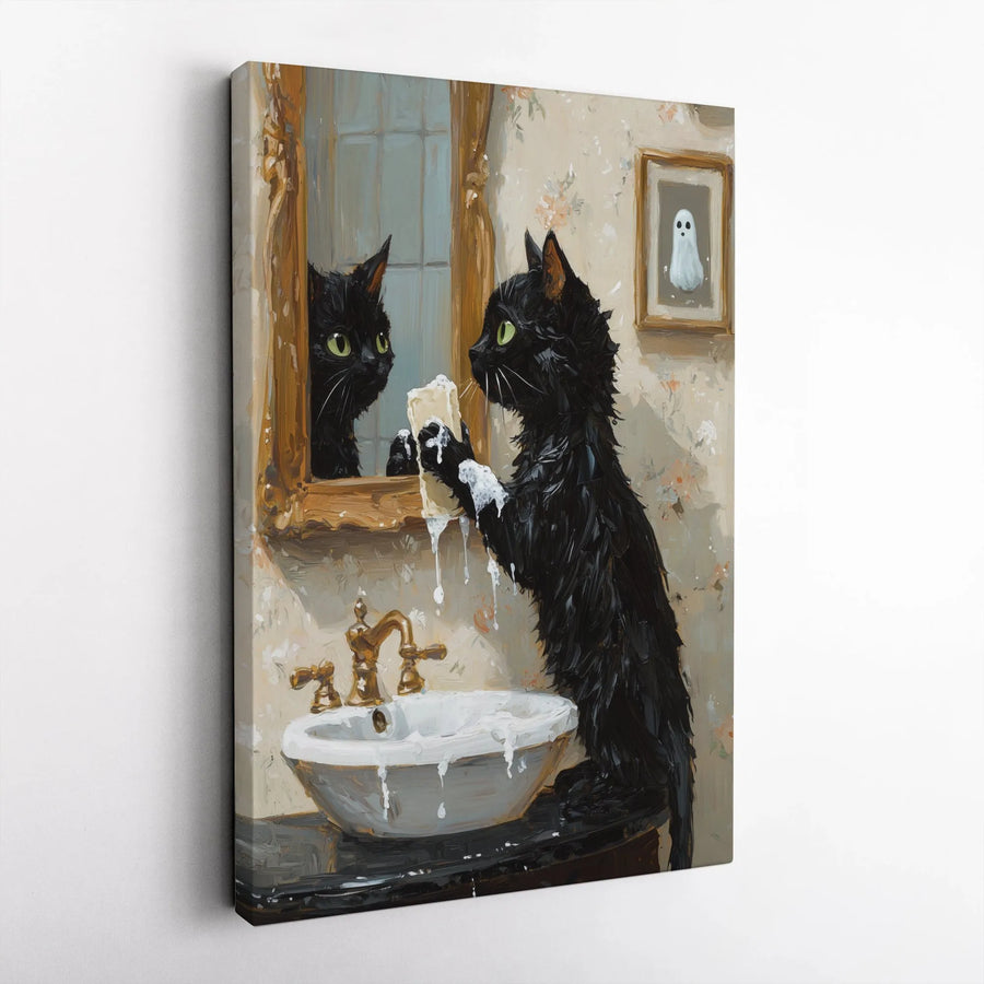 Black Cat Washing Mirror Canvas Wall Art | Whimsical Bathroom Decor Painting | Premium Gallery Wrap Print | Funny Halloween Gift For Cat Lovers