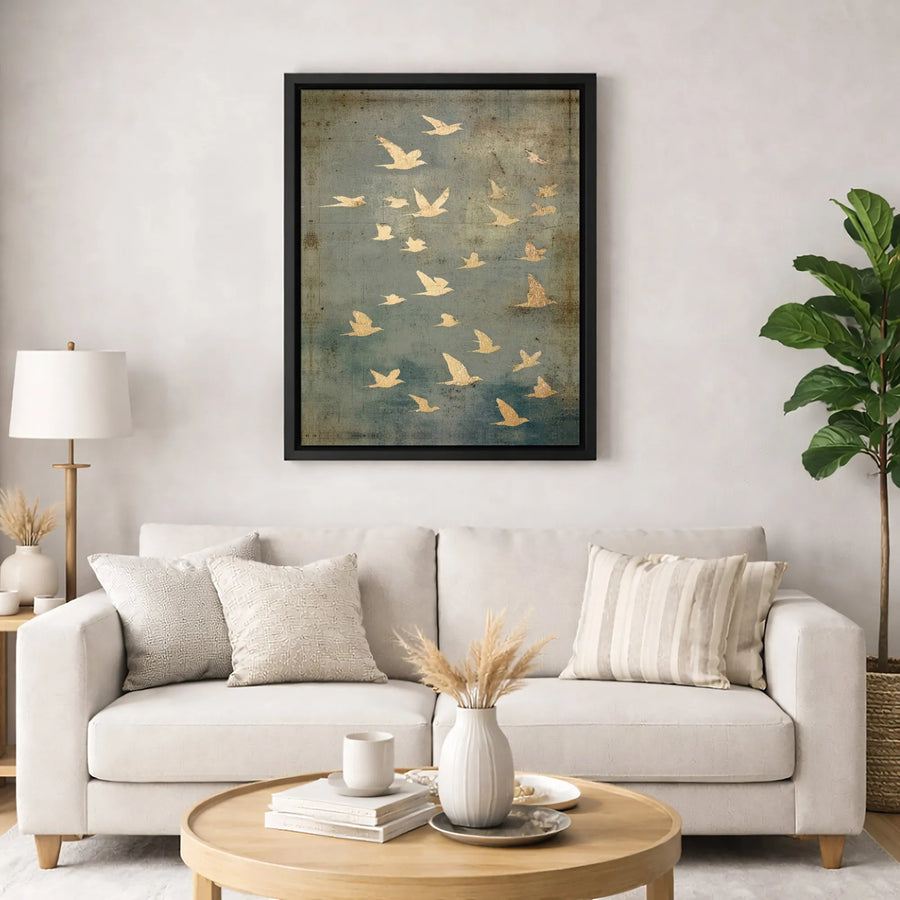 Golden Bird Flock Canvas Wall Art | Rustic Distressed Teal Aesthetic Print | 1.25 Inch Gallery Wrap | Elegant Home and Office Decor