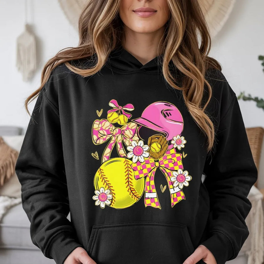 Softball Coquette Hoodie | Floral Bow Graphic Sport Aesthetic | Premium Cotton Blend | Gift for Softball Mom and Player