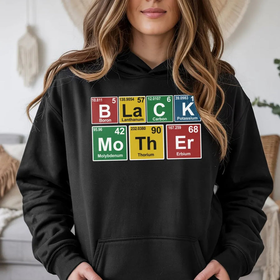 Black Mother Hoodie | Periodic Table Chemistry Graphic | Premium Cotton Blend | Empowering Gift for Mom