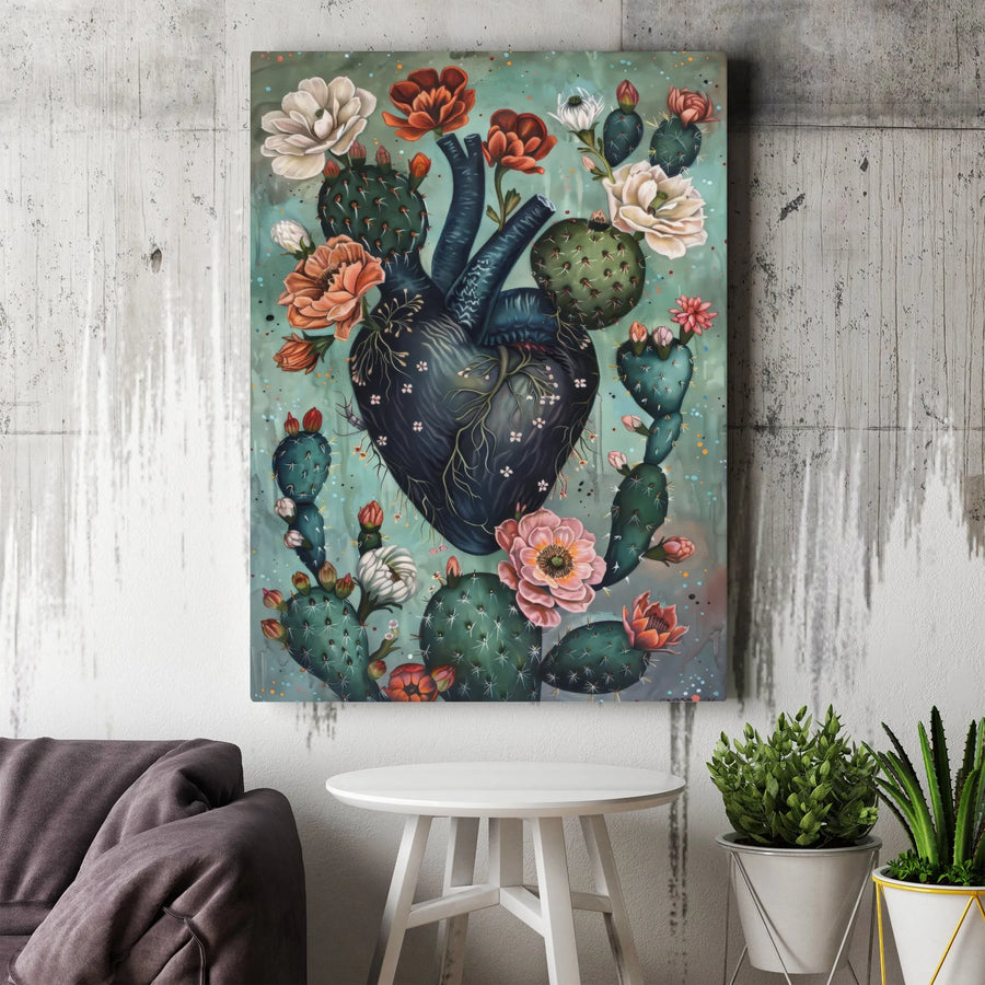 Anatomical Heart and Cactus Vertical Canvas | Surreal Botanical Illustration | Premium Gallery Wrapped Canvas | Gothic Home Decor Gift