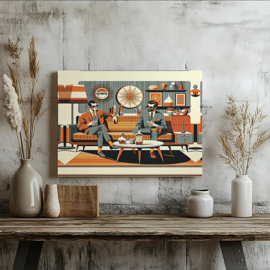 Mid-Century Modern Art Canvas Print | Retro Whiskey Lounge Illustration | Premium 1.25-Inch Gallery Wrap | Sophisticated Home Office Decor