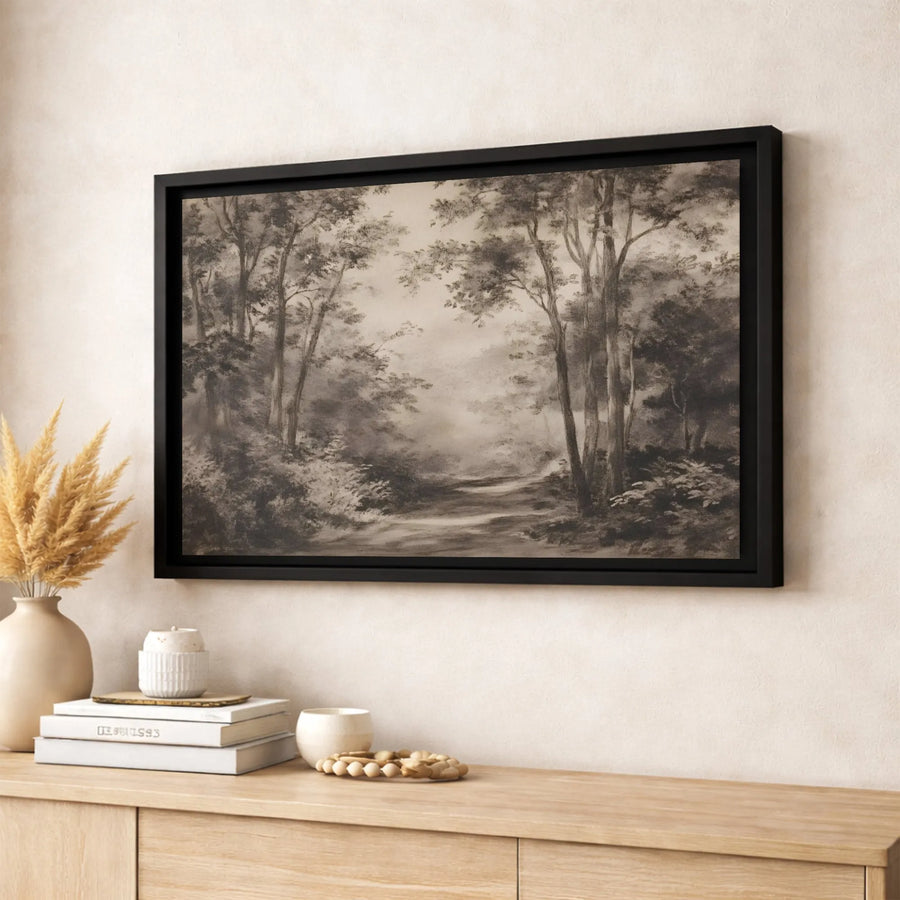 Vintage Forest Landscape Canvas | Monochrome Woodland Path Art | Premium Gallery-Wrapped Print | Minimalist Farmhouse Home Decor Wall Art