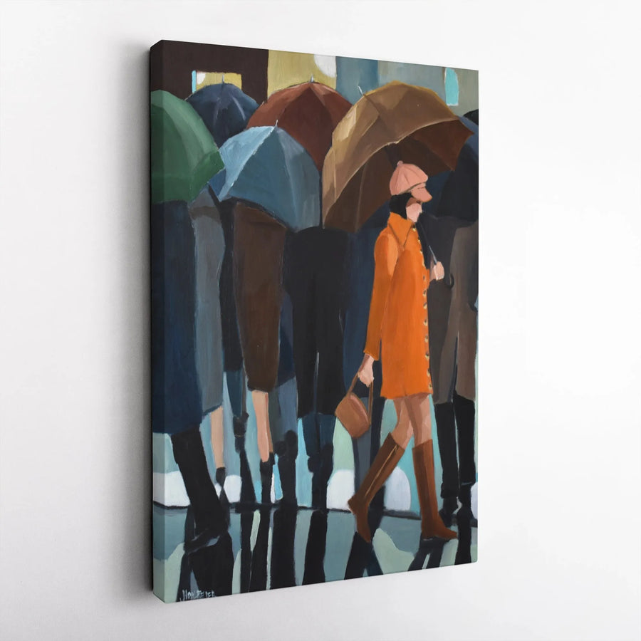 Rainy Day Painting Vertical Canvas | Abstract Cityscape with Umbrellas | Premium Gallery Wrap | Modern Office & Home Decor Gift