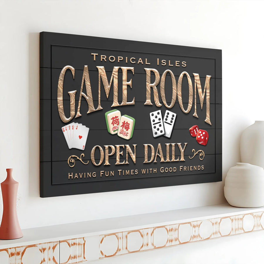 Game Room Sign Canvas Art | Retro Poker, Mahjong & Dice Design | Premium Canvas Print | Man Cave Decor Gift for Gamers