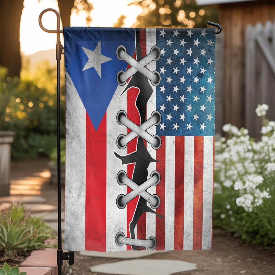 Puerto Rico USA Flag Garden Flag | Patriotic Lace-Up Split Design | Weather-Resistant Polyester | Gift for Puerto Rican Heritage and American Pride