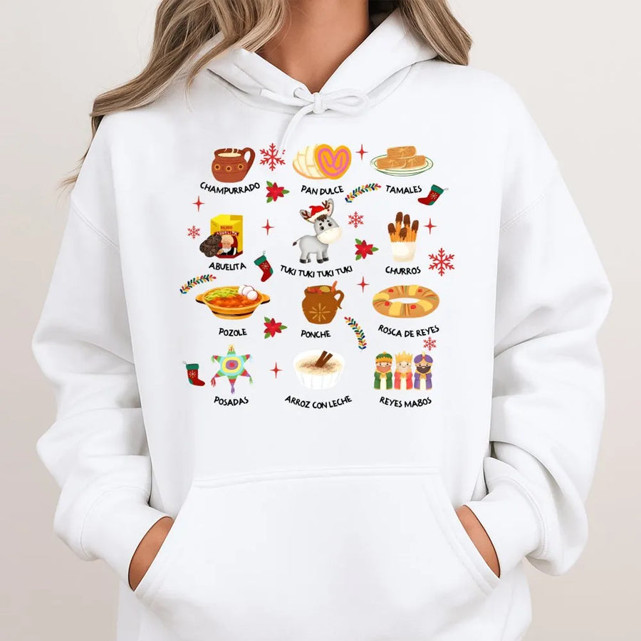 Mexican Christmas Hoodie | Festive Food Graphic | Premium Cotton Blend | Gift For Latina Holidays And Hispanic Culture Lovers