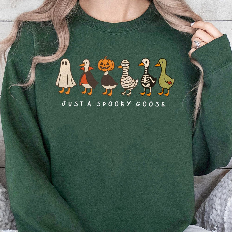 Spooky Goose Halloween Sweatshirt | Funny Duck Costume Graphic Print | Premium Cotton Blend Crewneck | Cute Fall Gift for Women and Men