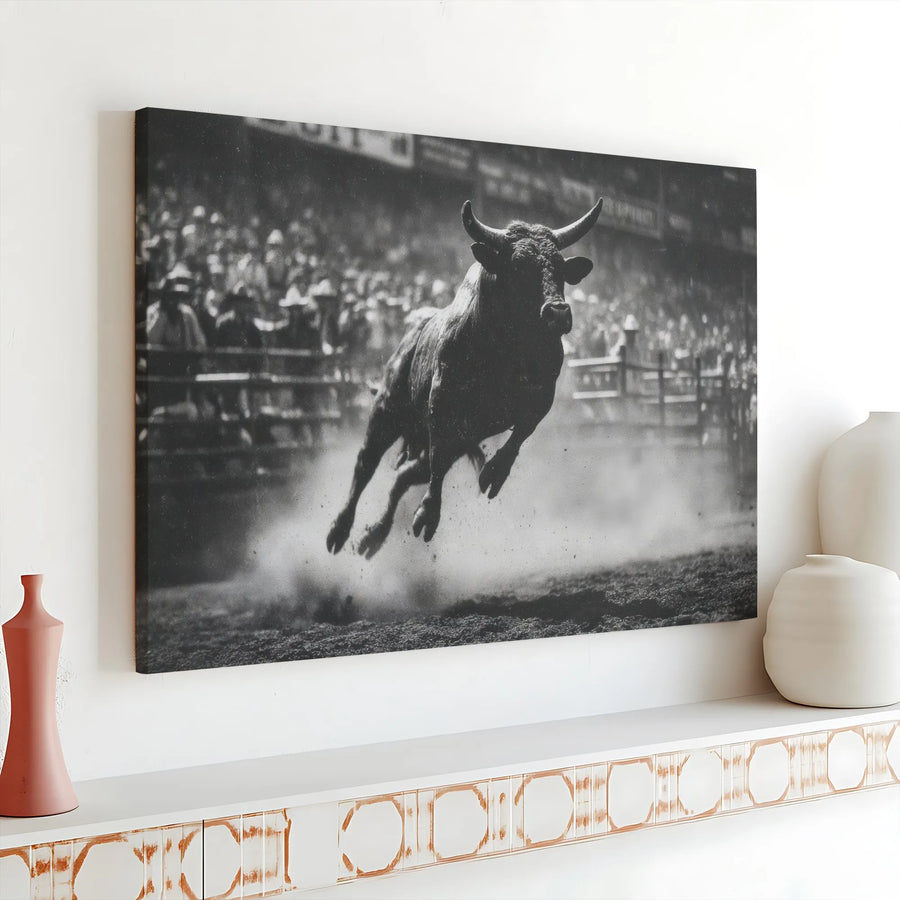 Vintage Rodeo Bull Canvas Art | Black and White Western Photography | Premium Gallery Wrapped Canvas | Man Cave & Rustic Home Decor