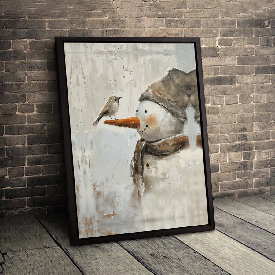 Snowman Canvas Wall Art | Whimsical Bird on Carrot Nose Print | Premium Fade-Resistant Gallery Wrap | Festive Winter Holiday Home Decor Gift