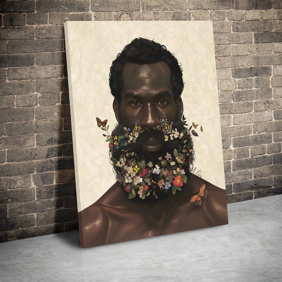 Black Man Portrait Canvas Art | Flower Beard Surreal Wall Decor | Gallery Wrapped Premium Print | Modern African American Home Office Gift