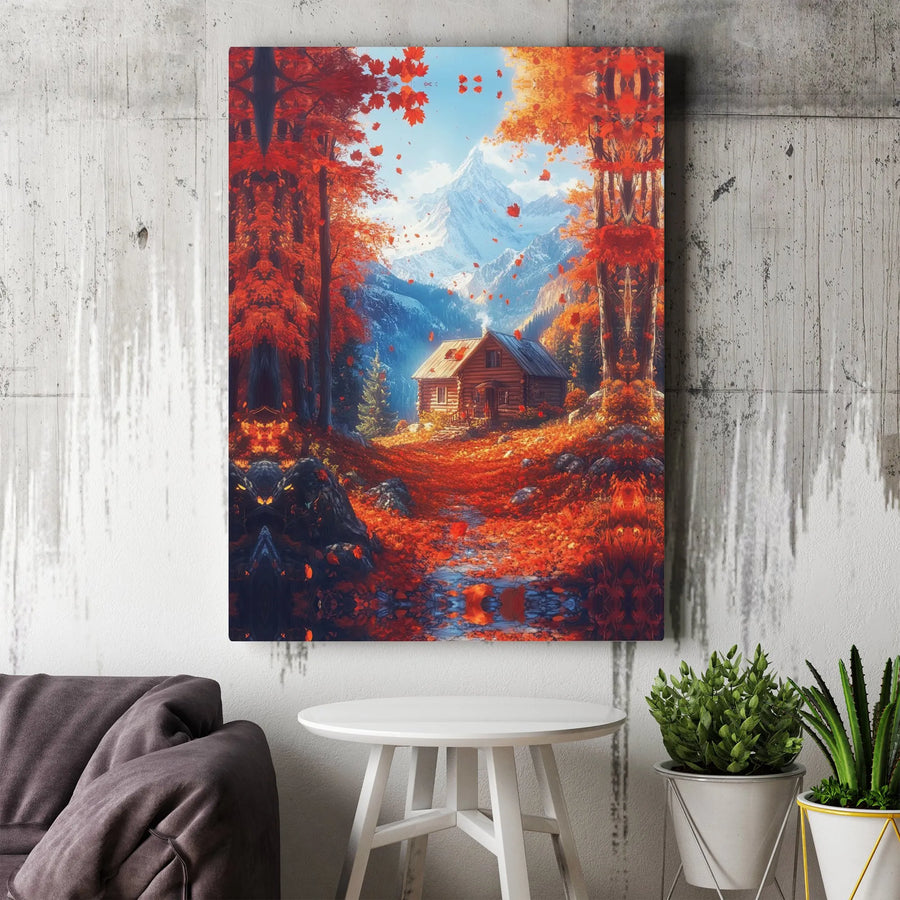 Autumn Forest Log Cabin Canvas Wall Art | Snowy Mountain Landscape Print | Premium Fade-Resistant Decor | Cozy Rustic Home Gift