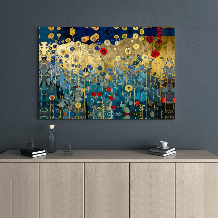Abstract Wildflower Field Canvas | Gold Blue Floral Wall Art | Premium Gallery Wrapped Decor | Modern Nature Landscape Print for Home
