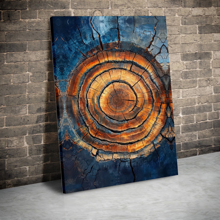 Abstract Tree Rings Wall Art | Blue and Orange Wood Grain Canvas | Premium Gallery-Wrapped Decor | Modern Home Office Statement Piece