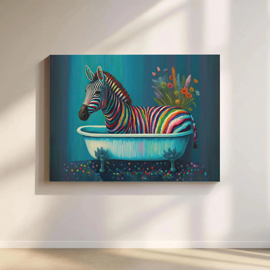 Rainbow Zebra Canvas Wall Art | Whimsical Animal in Bathtub Decor | Premium Gallery Wrapped Print | Unique Gift for Animal Lovers