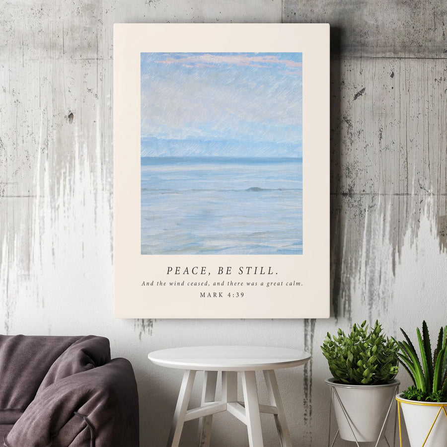 Peace Be Still Bible Verse Canvas | Mark 4:39 Scripture Wall Art | Premium Coastal Landscape Print | Christian Home Decor Gift