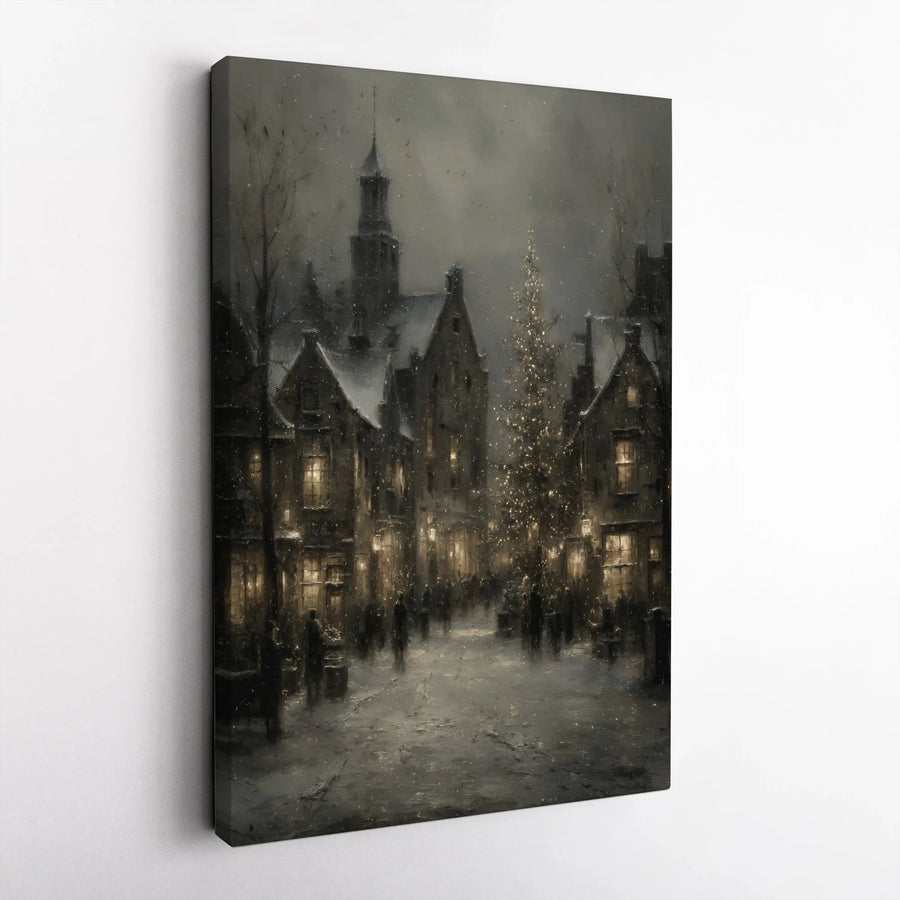 Winter Village Canvas Wall Art | European Christmas Town Street Scene | Premium Gallery Wrap Print | Festive Home Decor Gift