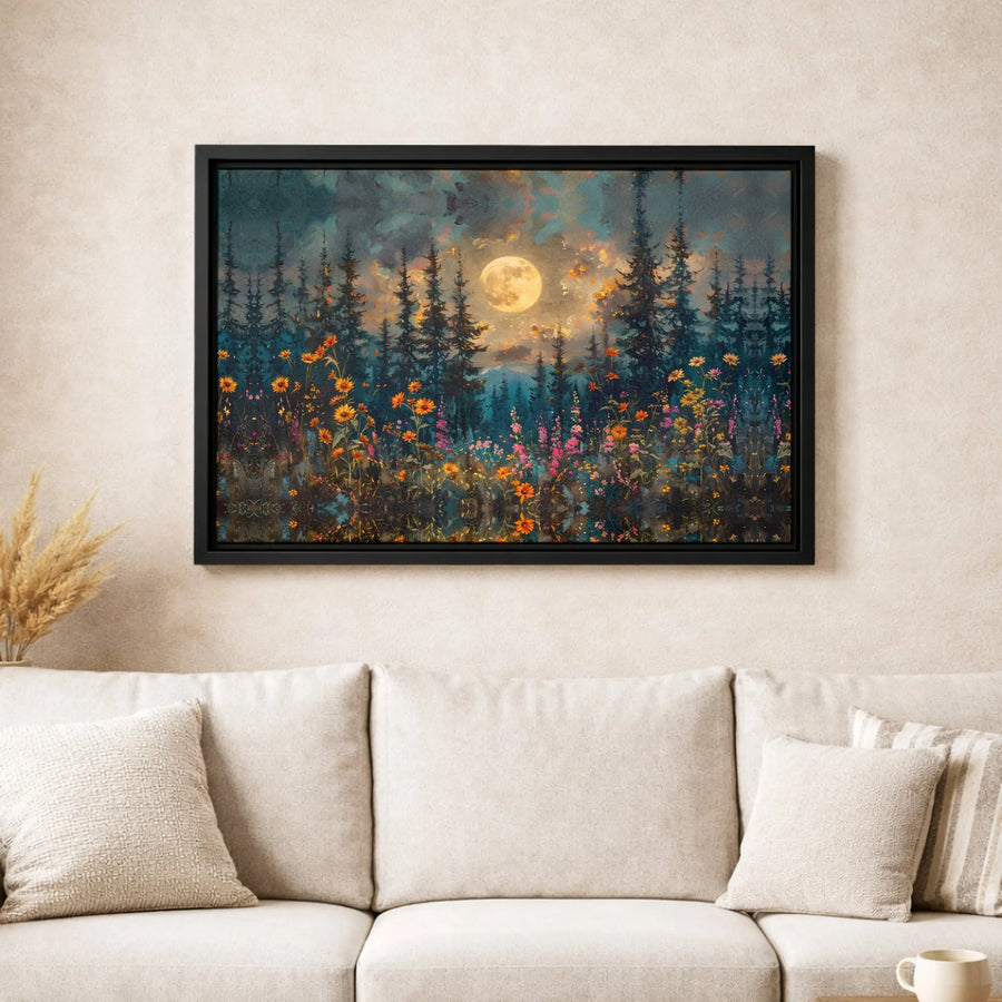 Full Moon Wildflower Forest Canvas | Moody Botanical Landscape Wall Art | Gallery Quality Fade-Resistant Print | Elegant Nature Decor Gift