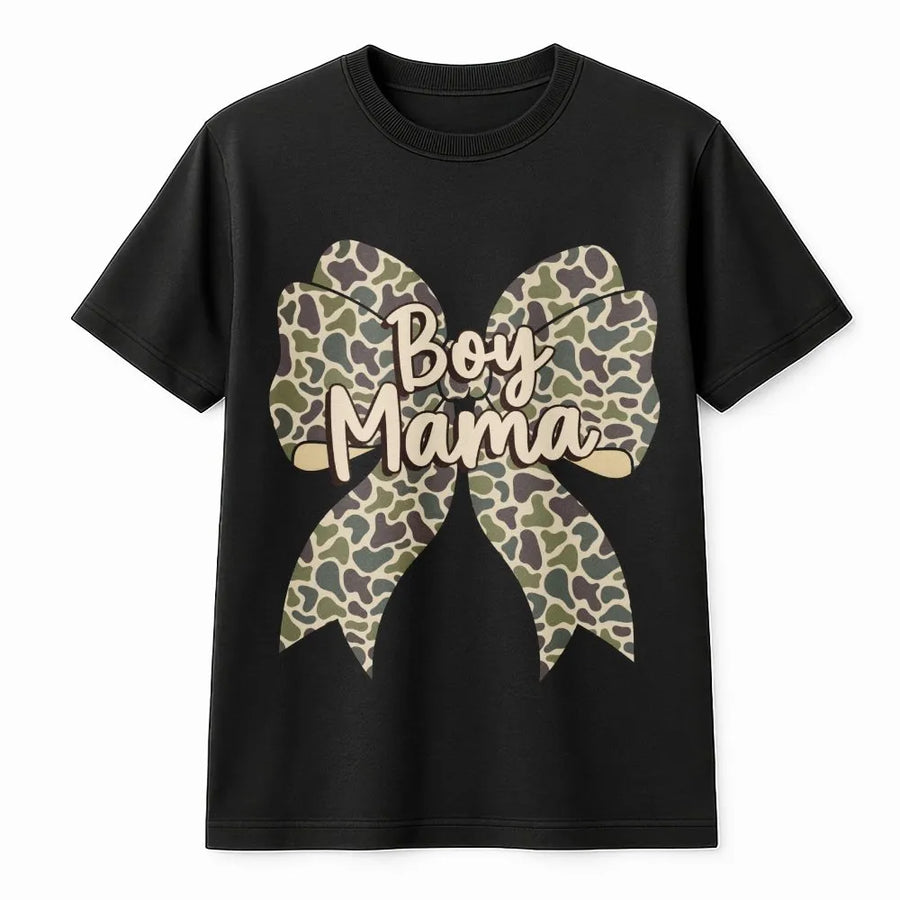 Boy Mama T-Shirt | Camo Coquette Bow Graphic Tee | Premium 100% Cotton Apparel | Trendy Mother's Day 2026 Gift for Mom