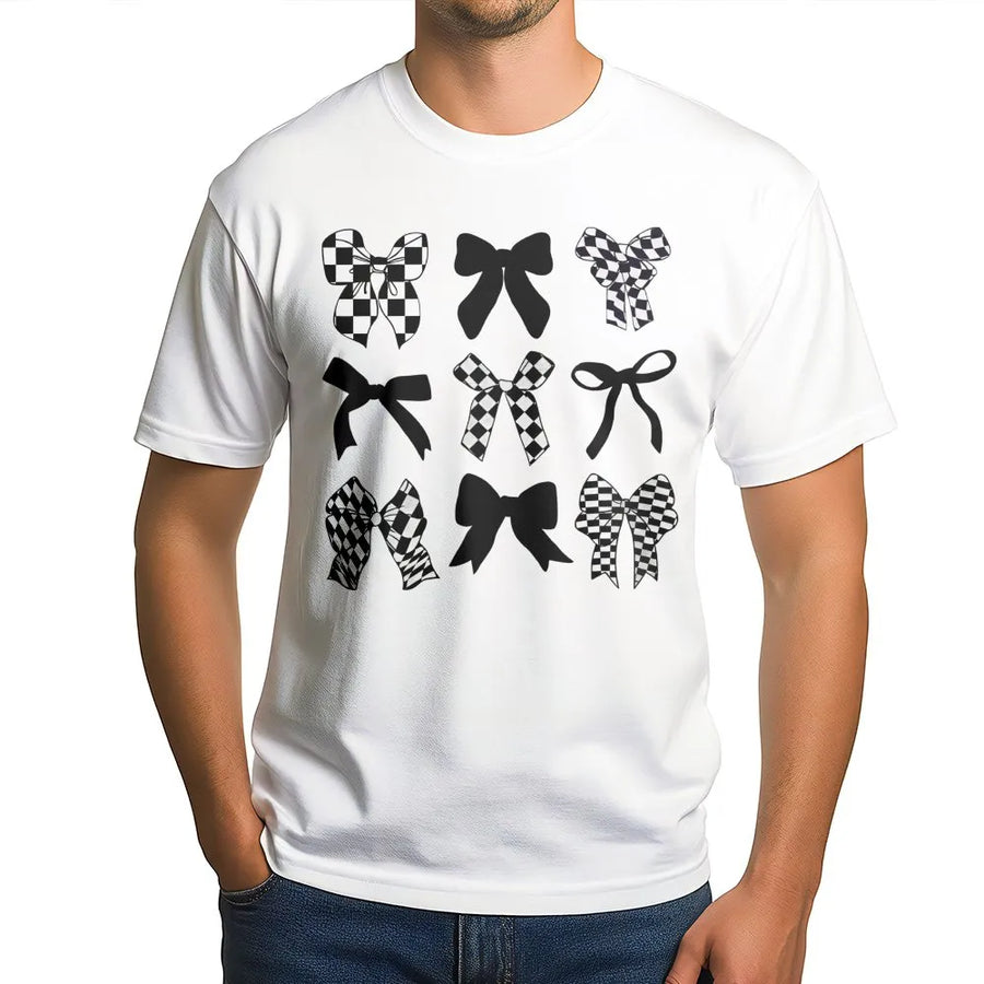 Coquette Bow T-Shirt | Black and White Checkered Ribbon Graphic | Premium Soft Cotton | Trendy Aesthetic Gift for Her
