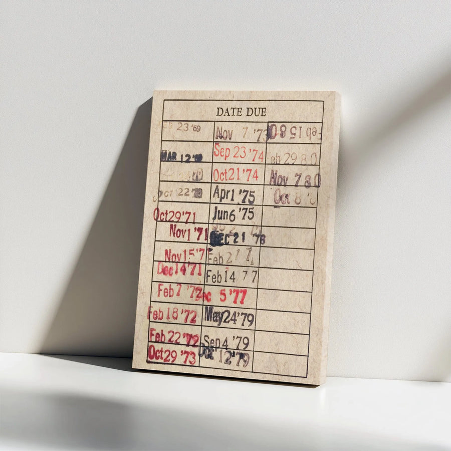 Vintage Library Due Date Card Canvas Wall Art | Retro Book Lover Aesthetic Decor | Premium Gallery Wrap Print | Unique Gift for Readers & Librarians
