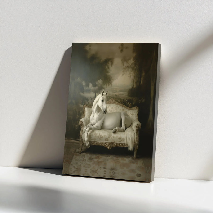 White Horse on Sofa Canvas Print | Surrealist Equine Lounging on Couch | Premium Gallery Wrapped Canvas | Unique Eclectic Home Decor Gift
