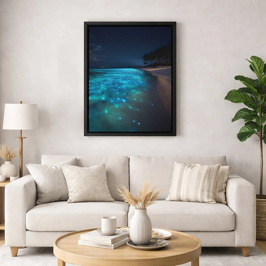 Bioluminescent Beach Wall Art | Glowing Sea of Stars Night Landscape | Gallery-Quality 1.25" Canvas Print | Modern Coastal Home Decor Gift