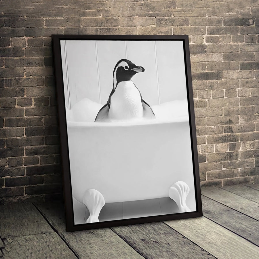 Penguin Bathing Canvas Art | Whimsical Animal in Clawfoot Tub | Gallery-Quality Premium Print | Modern Bathroom Wall Decor Gift