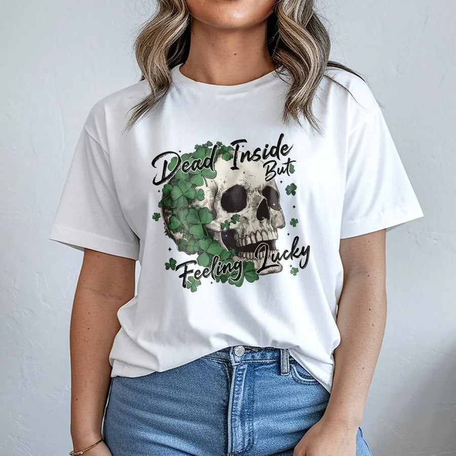 Dead Inside But Feeling Lucky T-Shirt | St. Patrick’s Day Gothic Skull Graphic | Premium Soft Cotton | Unisex Funny Irish Holiday Gift for Adults